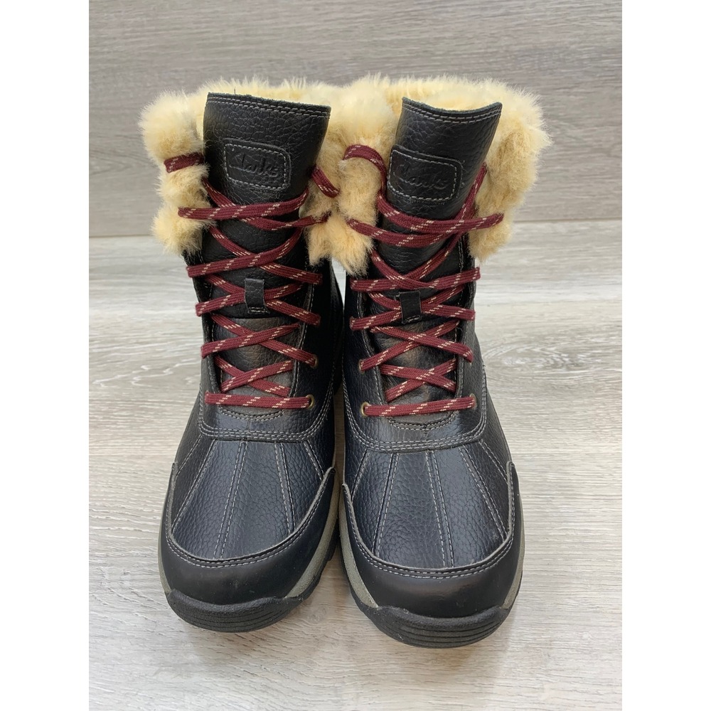 Clarks Women's Duck Boots Black Leather Faux Fur Trim Winter 9.5 Casual Shoes - Picture 2 of 10